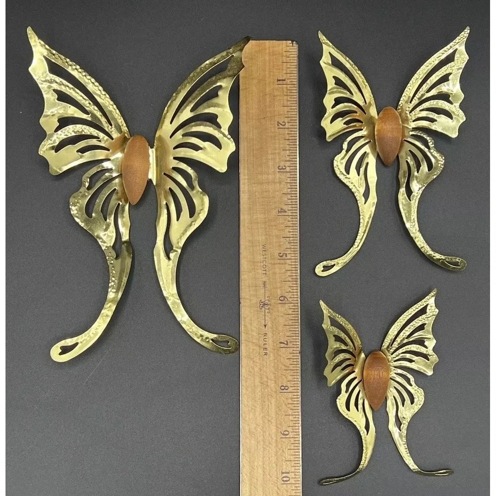 VTG Brass Butterfly Wall Hanging‎ Decor Lot 3 Pc Set Metal Wood Gold MCM